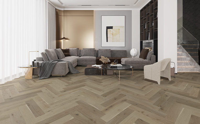 herringbone hardwood flooring in modern minimalist living room
